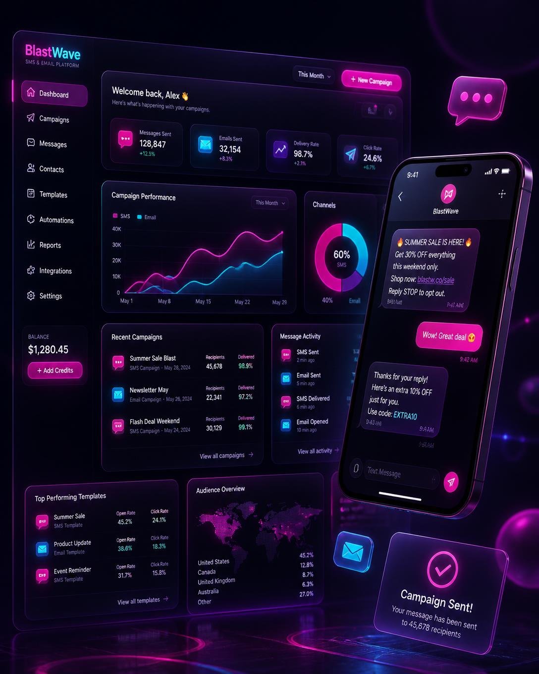 Highline Brand SMS and email blast dashboard showing campaign delivery rates